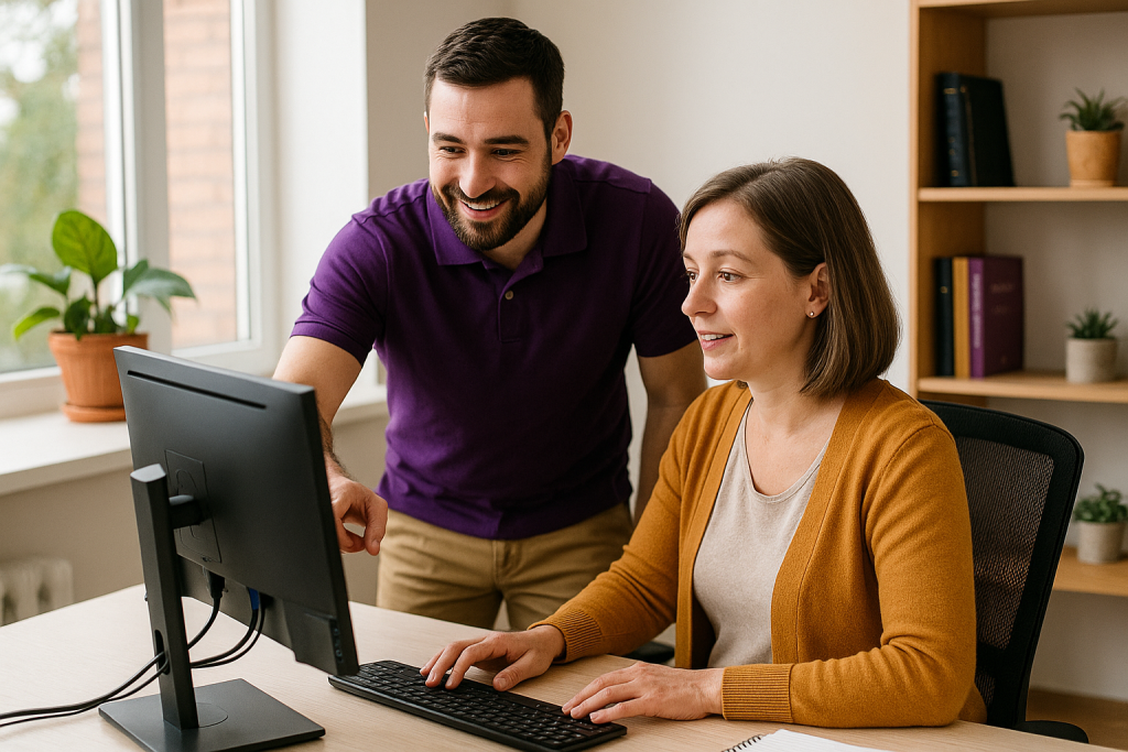 Tech staff helping worker