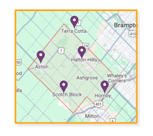Service area map of Halton Hills including Georgetown, Acton, Limehouse, Glen Williams, and Norval.