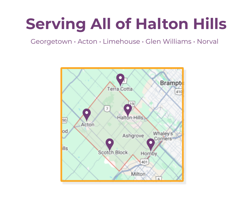 Service area map of Halton Hills including Georgetown, Acton, Limehouse, Glen Williams, and Norval.