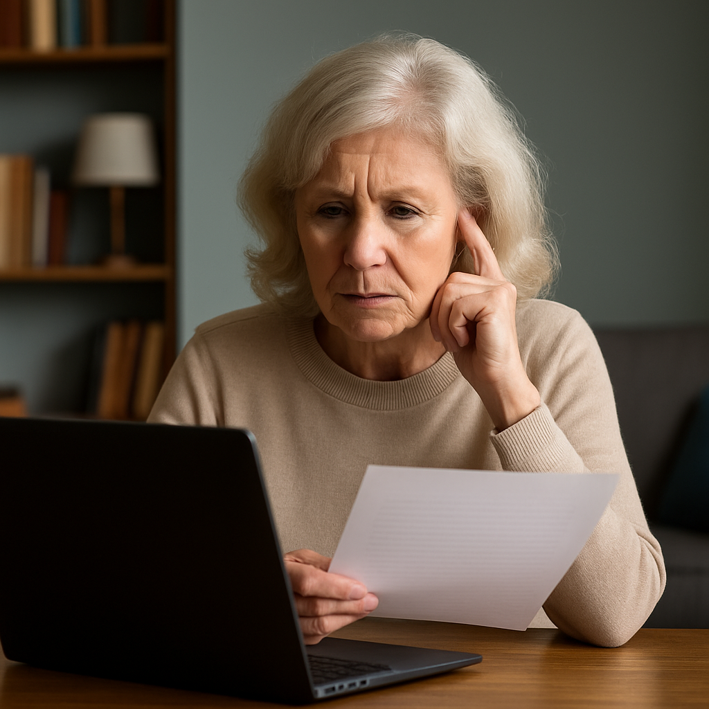 Senior looking at emails worried about how to proceed