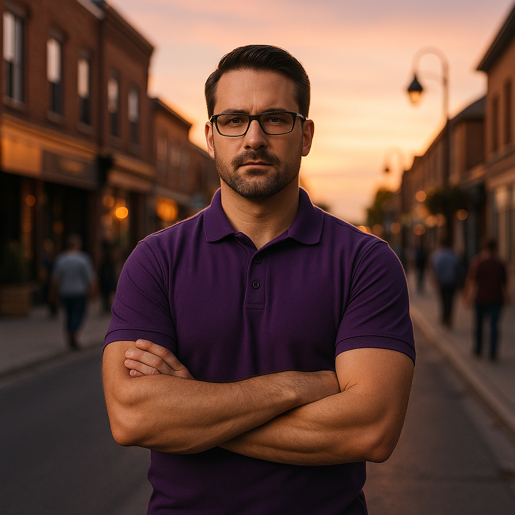Hero pose with Milton downtown backdrop