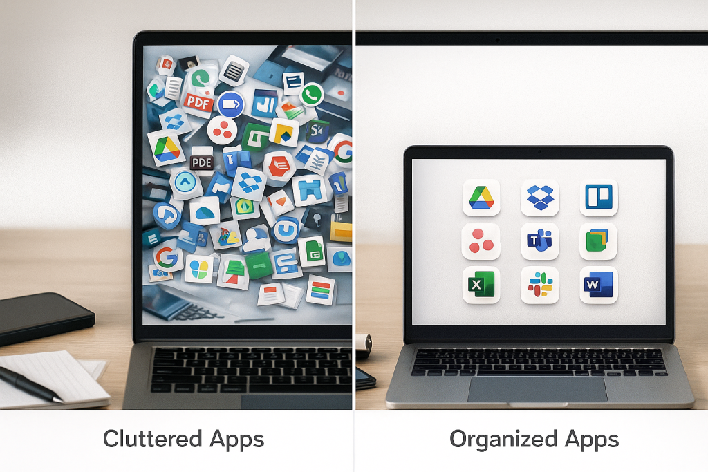 Before and After - computer with too many apps and one with only what is required